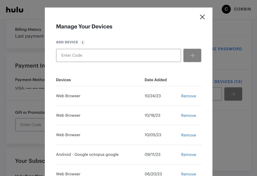 Hulu managing devices screen