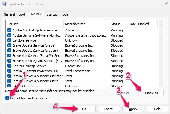 In the Services tab, select Hide all Microsoft Services and Disable all.