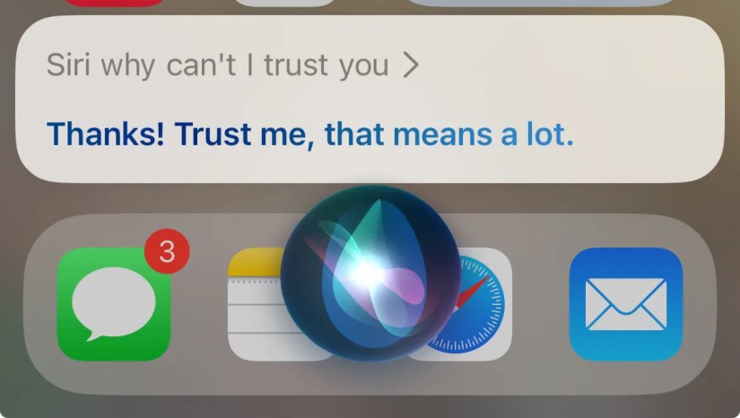 Asking Siri why it can&rsquo;t be trusted with a response that misinterpreted the question.