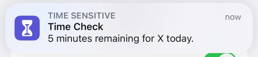 A notification warning you that you have 5 minutes left