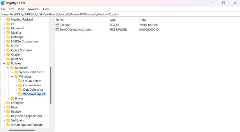 TurnOffWindowsCopilot value in the Registry Editor
