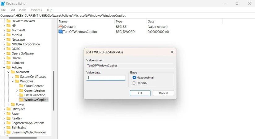 value data field in the Registry Editor