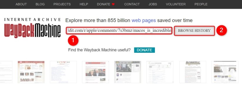 URL field and &lsquo;Browse History&rsquo; highlighted on the Wayback Machine site.
