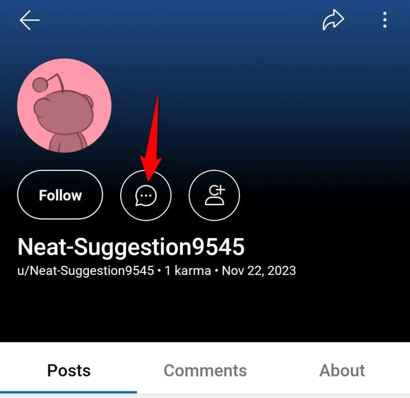Speech bubble icon highlighted on a user&rsquo;s profile page in Reddit for mobile.