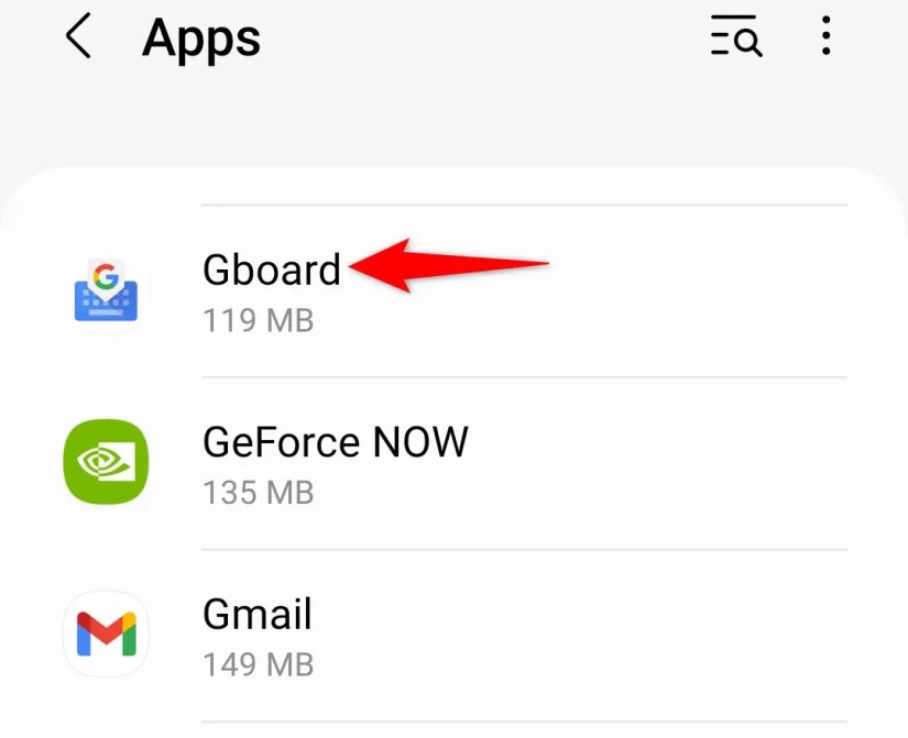&lsquo;Gboard&rsquo; highlighted on the &lsquo;Apps&rsquo; page in Android Settings.