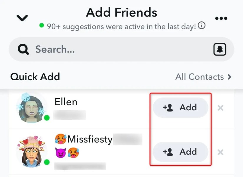 &lsquo;Add&rsquo; highlighted on the Quick Add screen in Snapchat.