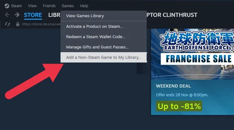 The Steam Client Games Menu with the &lsquo;Add a non-Steam game to my library&rsquo; option highlighted.