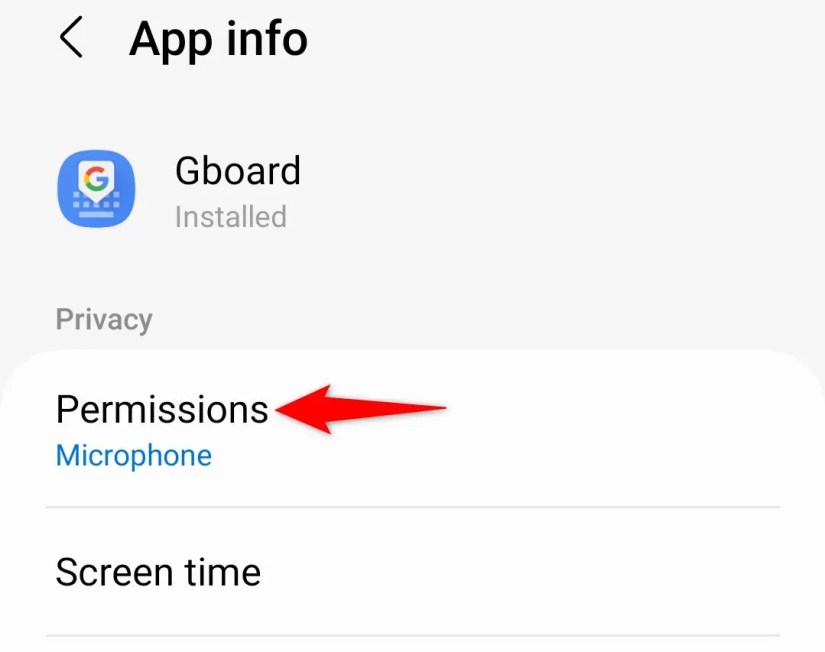 &lsquo;Permissions&rsquo; highlighted on Gboard&rsquo;s &lsquo;App Info&rsquo; page in Android Settings.