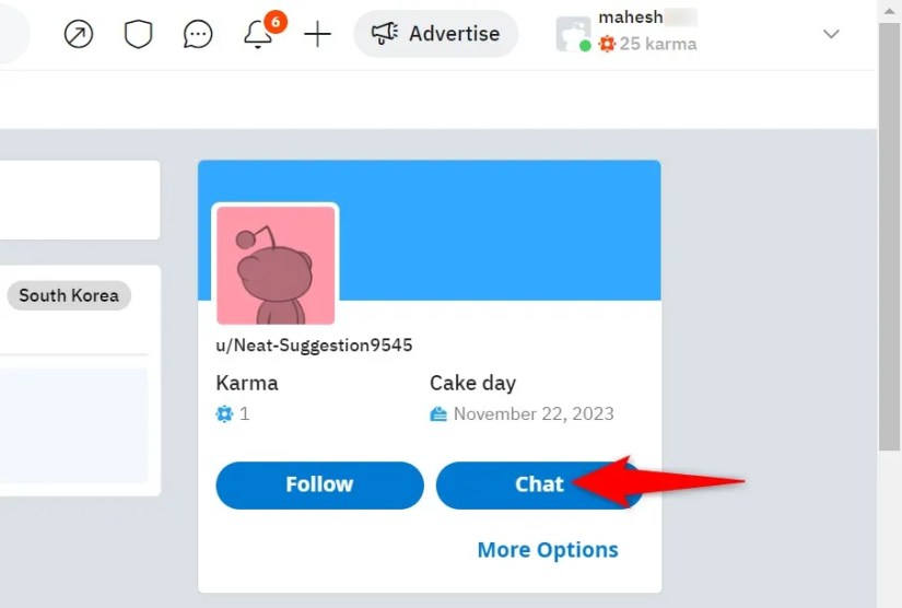 &lsquo;Chat&rsquo; highlighted on a user&rsquo;s profile page on Reddit for desktop.