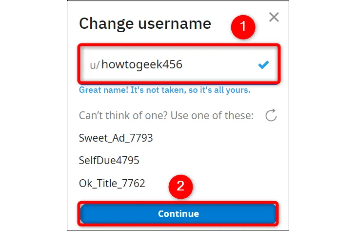 Type the new username and click &ldquo;Continue.&quot;
