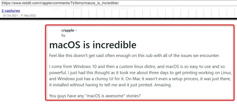 A Reddit post on the Wayback Machine site.