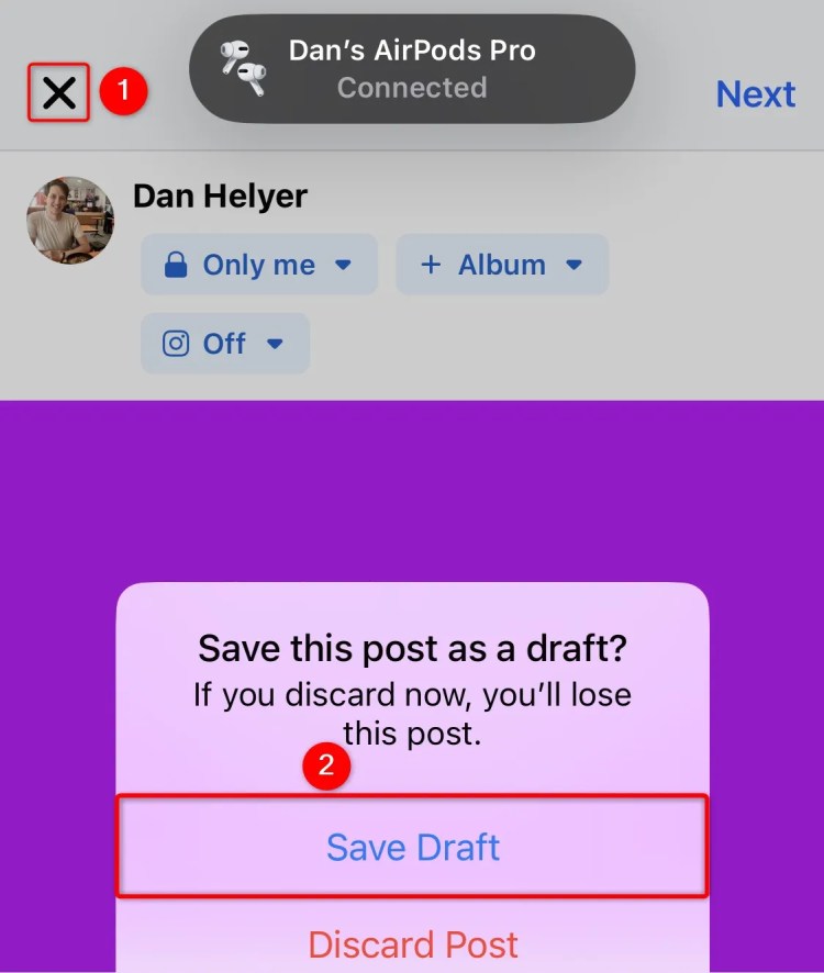 X and Save Draft buttons highlighted in Facebook&rsquo;s iPhone app.