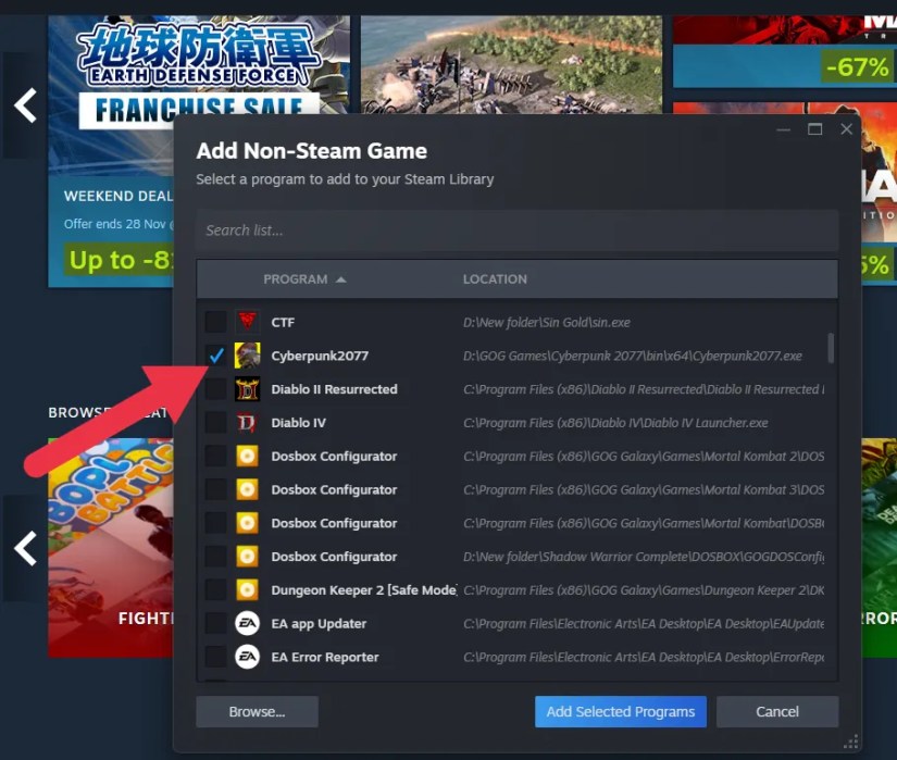 The non-Steam game browsing dialogue box with Cyberpunk 2077 marked for addition.