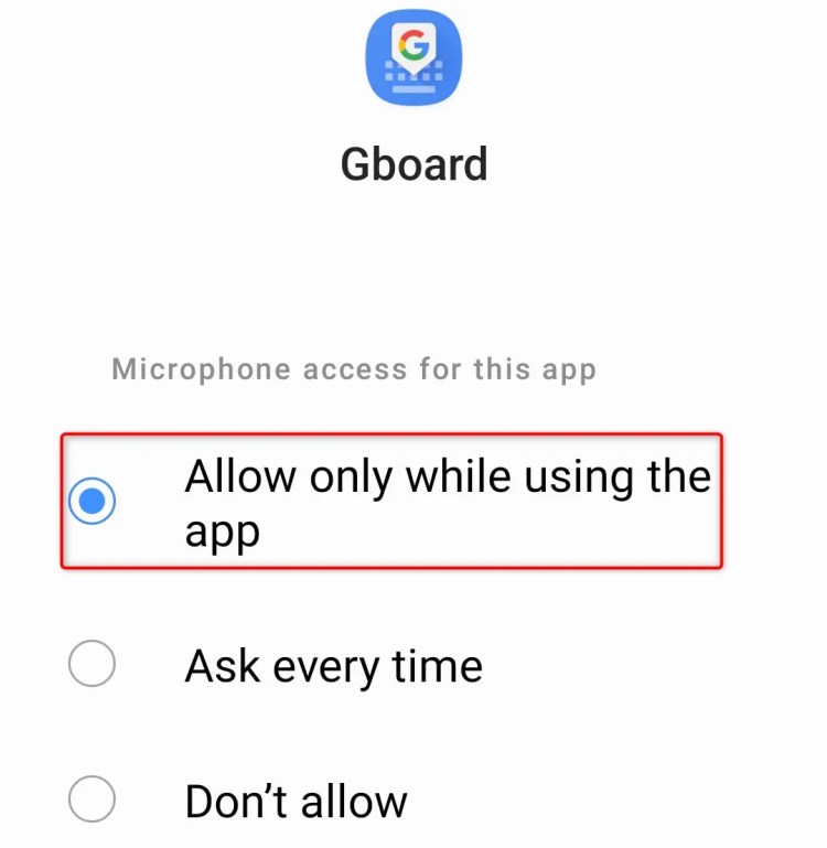 &lsquo;Allow Only While Using the App&rsquo; highlighted on Gboard&rsquo;s permissions screen in Android Settings.