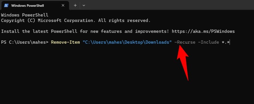 The &lsquo;Remove-Item&rsquo; cmdlet to recursively delete items on a PowerShell window.