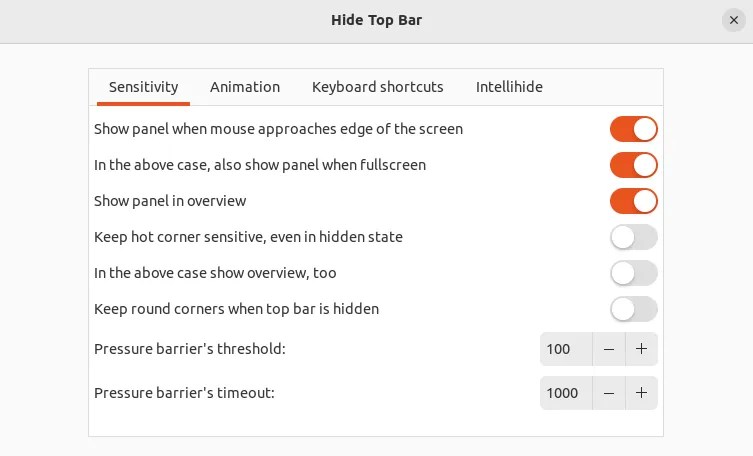The Hide Top Bar extension settings menu