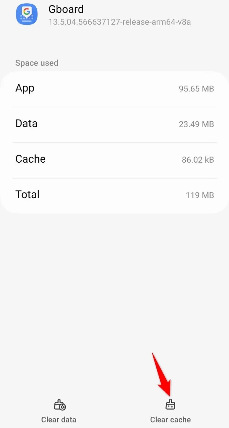 &lsquo;Clear Cache&rsquo; highlighted on Gboard&rsquo;s &lsquo;Storage&rsquo; screen in Android Settings.