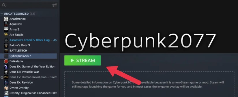 The &lsquo;Stream&rsquo; button visible on the Mac Steam client ready for remote play.