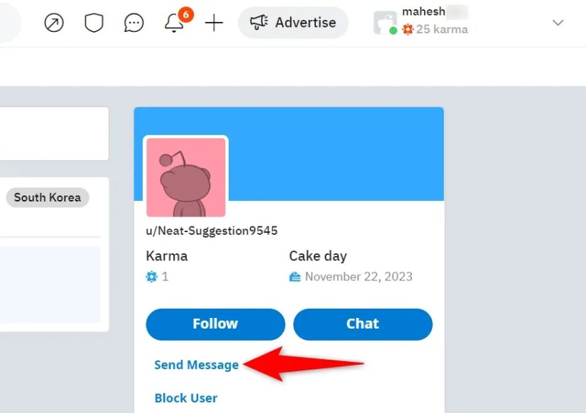 &lsquo;Send Message&rsquo; highlighted on a user&rsquo;s profile page on Reddit for desktop.