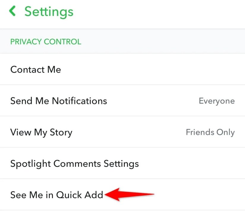 &lsquo;See Me in Quick Add&rsquo; highlighted in Settings of Snapchat.