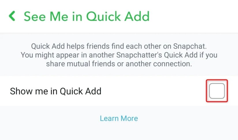 &lsquo;Show Me in Quick Add&rsquo; highlighted in Settings of Snapchat.