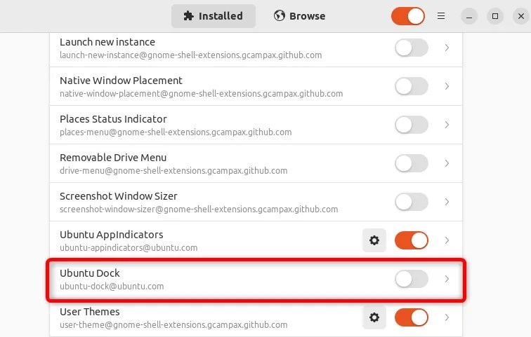 All installed extensions displayed with the Ubuntu Dock option turned off