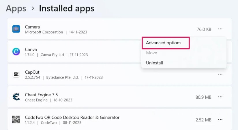 Advanced option in the Settings app