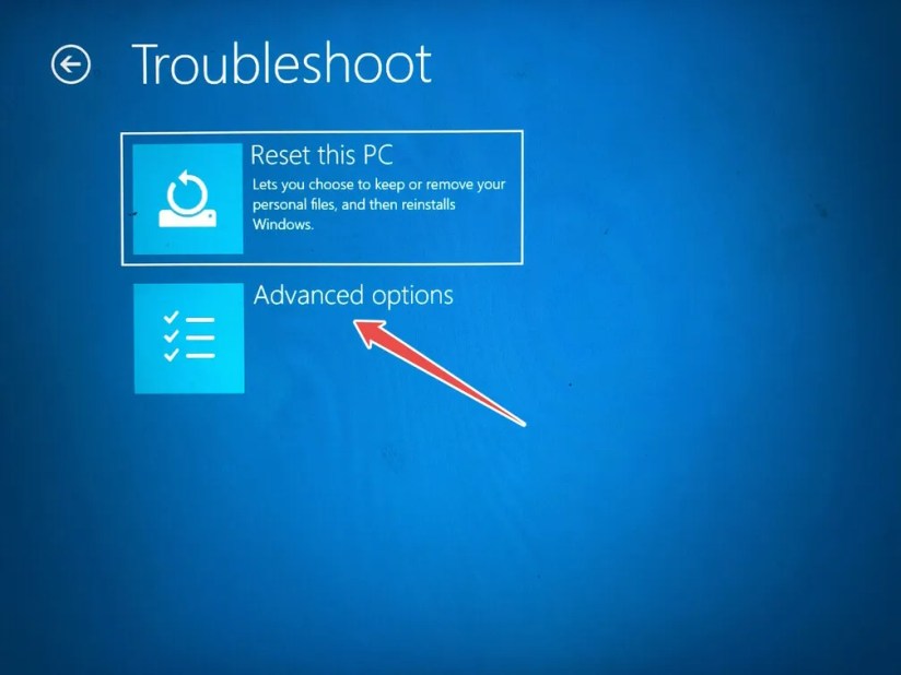 The &lsquo;Advanced Options&rsquo; option in Windows Recovery Enviroment