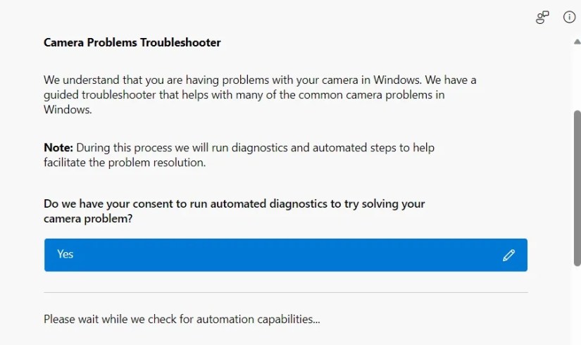 Camera Troubleshooter in the Get Help window