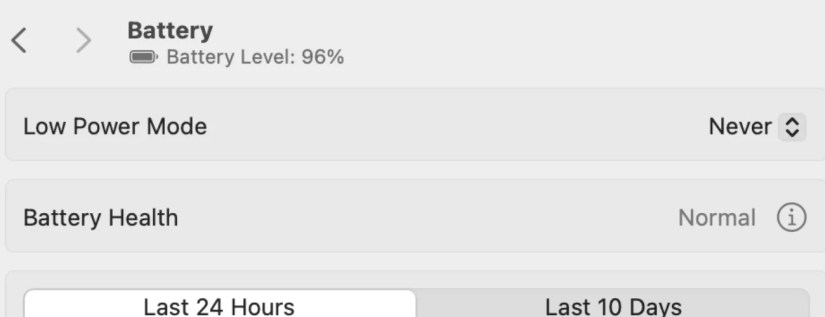 Setting Low Power Mode to Never on Mac.