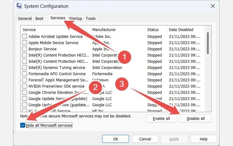 The process of disabling all non-Microsoft Services on Windows