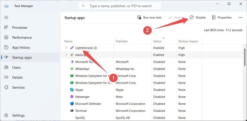 Disabling a startup app in Task Manager on Windows