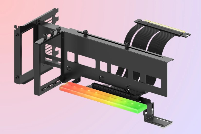 EZDIY-FAB PCIe 4.0 GPU Mount Bracket with ARGB LED Module on a violet background with its ARGB module turned on