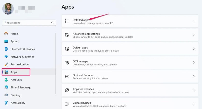 Installed apps section in the Settings app