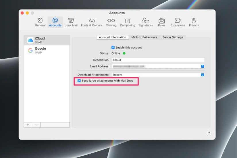 Mail app Settings screen on Mac indicating how to enable the &lsquo;Send large attachments with Mail Drop&rsquo; option.