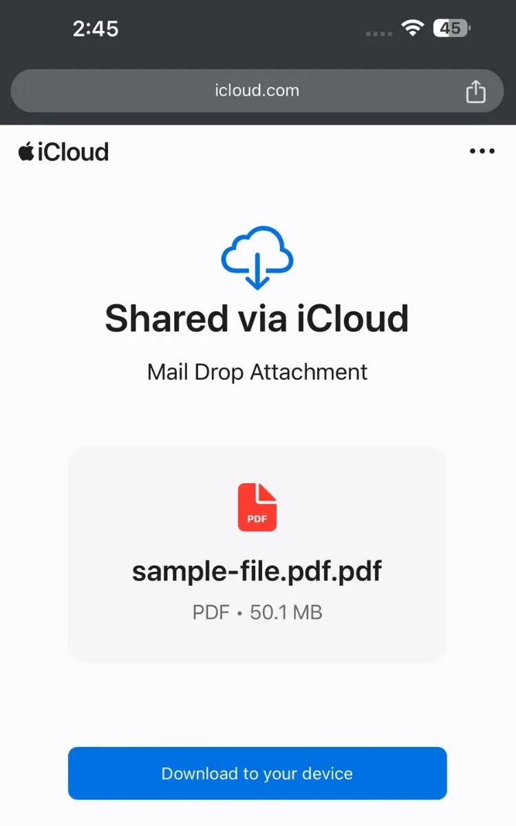 Mail Drop link for downloading large attachments.