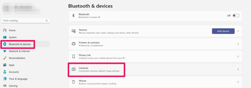 Opening the camera settings from the settings app on windows 11