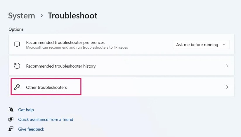 Other Troubleshooters option in the Settings app