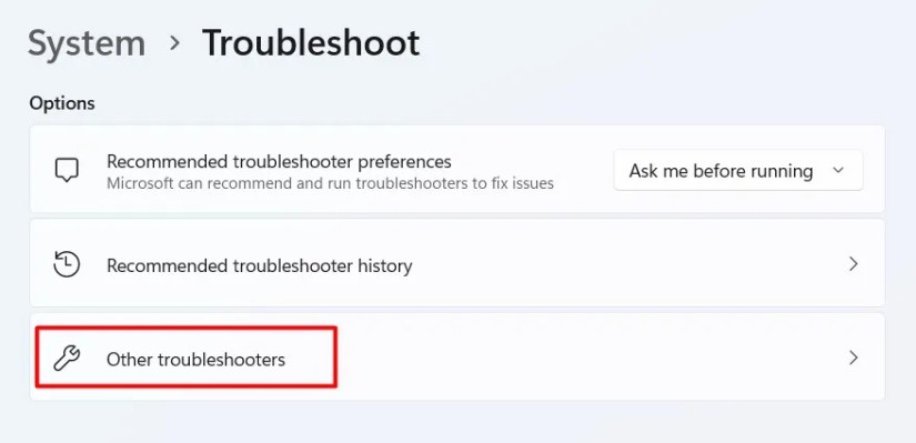Other Troubleshooters option in the Settings app