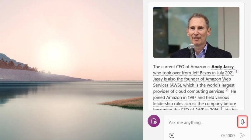 Windows Copilot answering a question on Amazon&rsquo;s CEO based on web sources