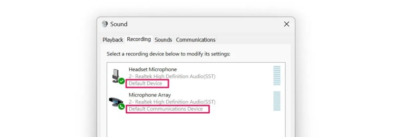 Separate microphone devices set as default for audio and communications in the sound settings on windows 11