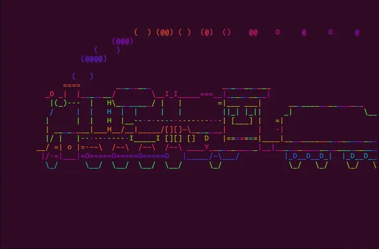 A rainbow themed train running on your Linux terminal