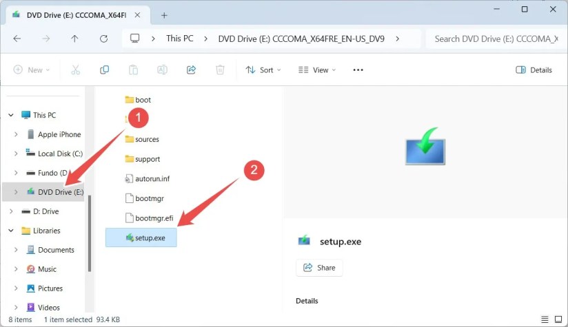 The contents of a mounted Windows ISO