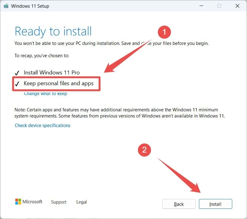 The ‘Ready to install’ screen of Windows 11 Setup