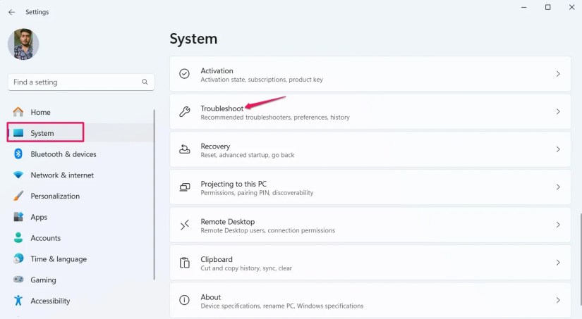 Troubleshoot option in the Settings app