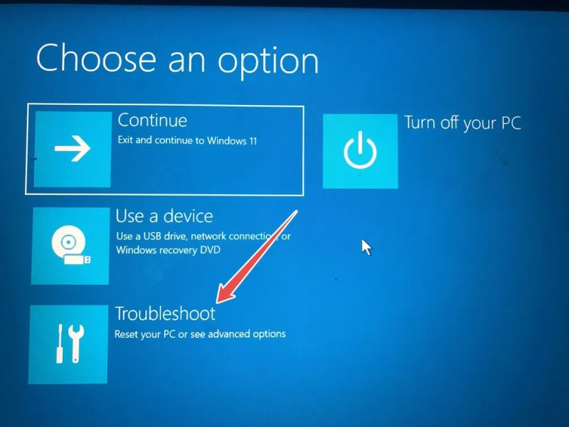 The &lsquo;Troubleshoot&rsquo; option in Windows Recovery Enviroment