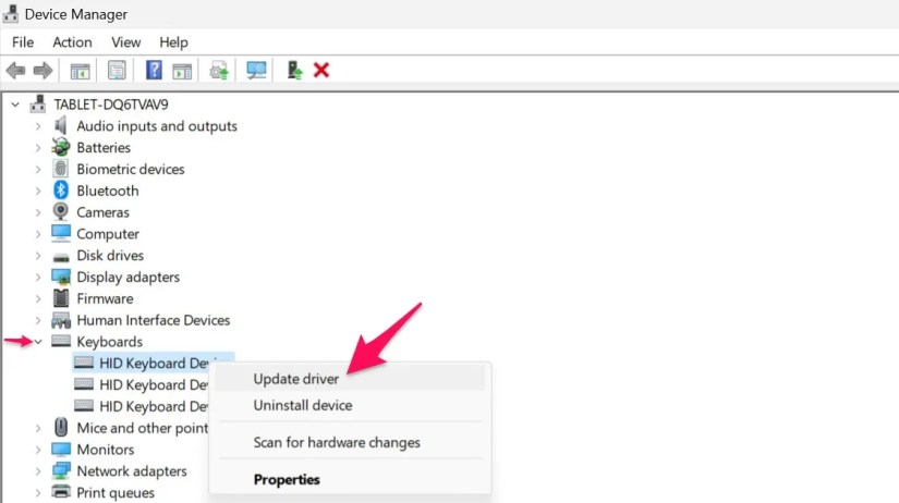 Updating keyboard drivers in device manager.