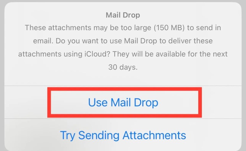 A popup asking to use Mail Drop to send attached files.