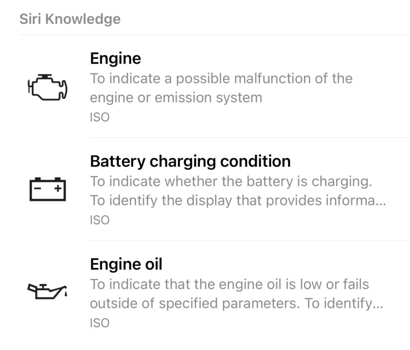 Visual Look Up results explaining dashboard warning symbols.