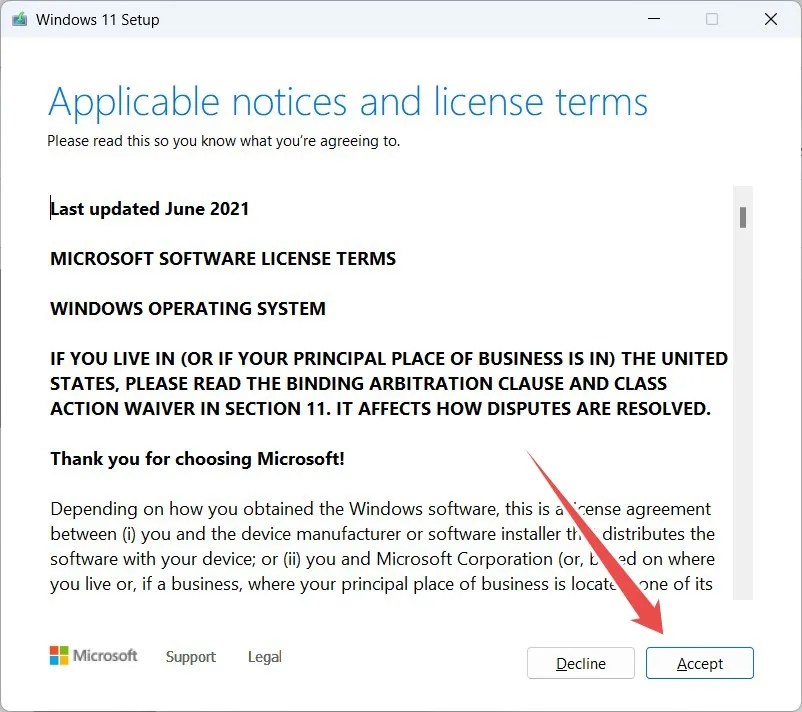 The ULA screen of Windows 11 Setup